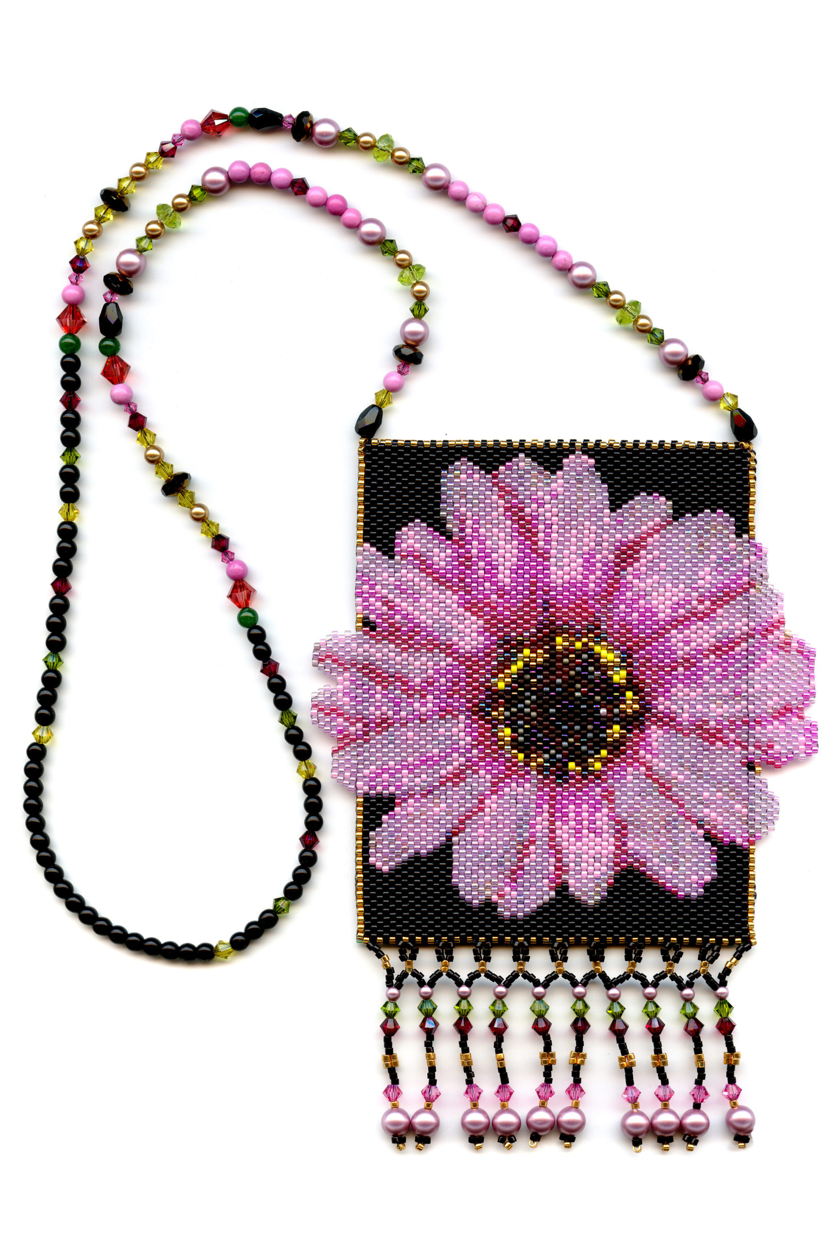 Pink Flower Amulet Bag Beaded Necklace