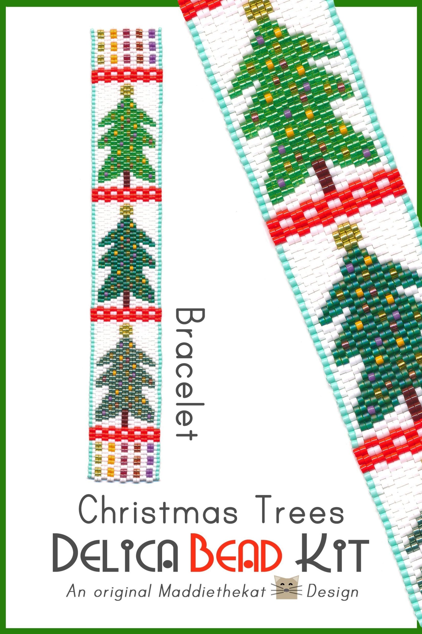 Christmas Trees Bracelet 2-Drop Odd Count Peyote Bead Pattern or Bead Kit
