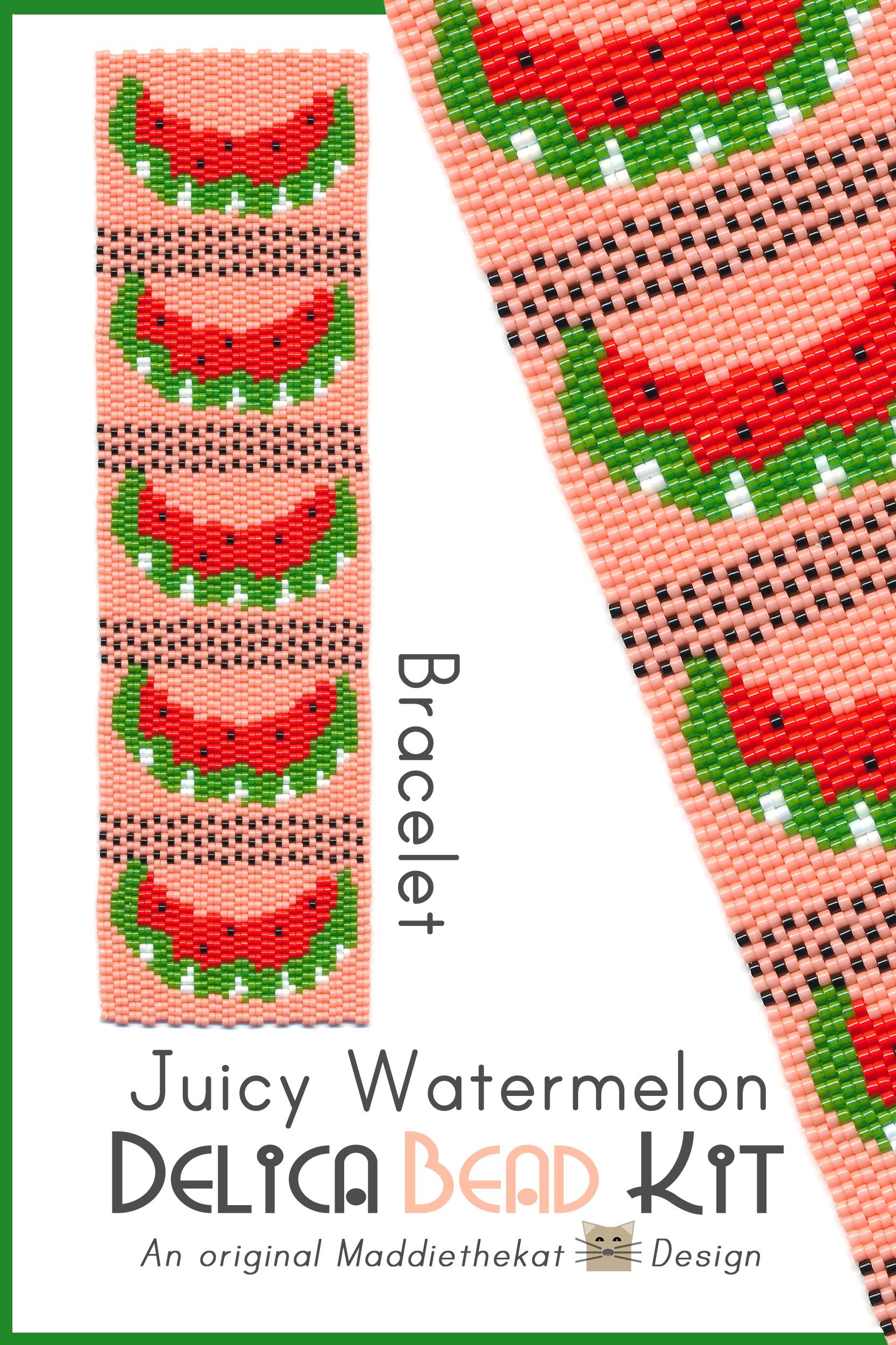 Juicy Watermelon Wide Cuff Bracelet 2-Drop Peyote Pattern Delica Seed Bead DIY Fruit-Maddiethekat Designs