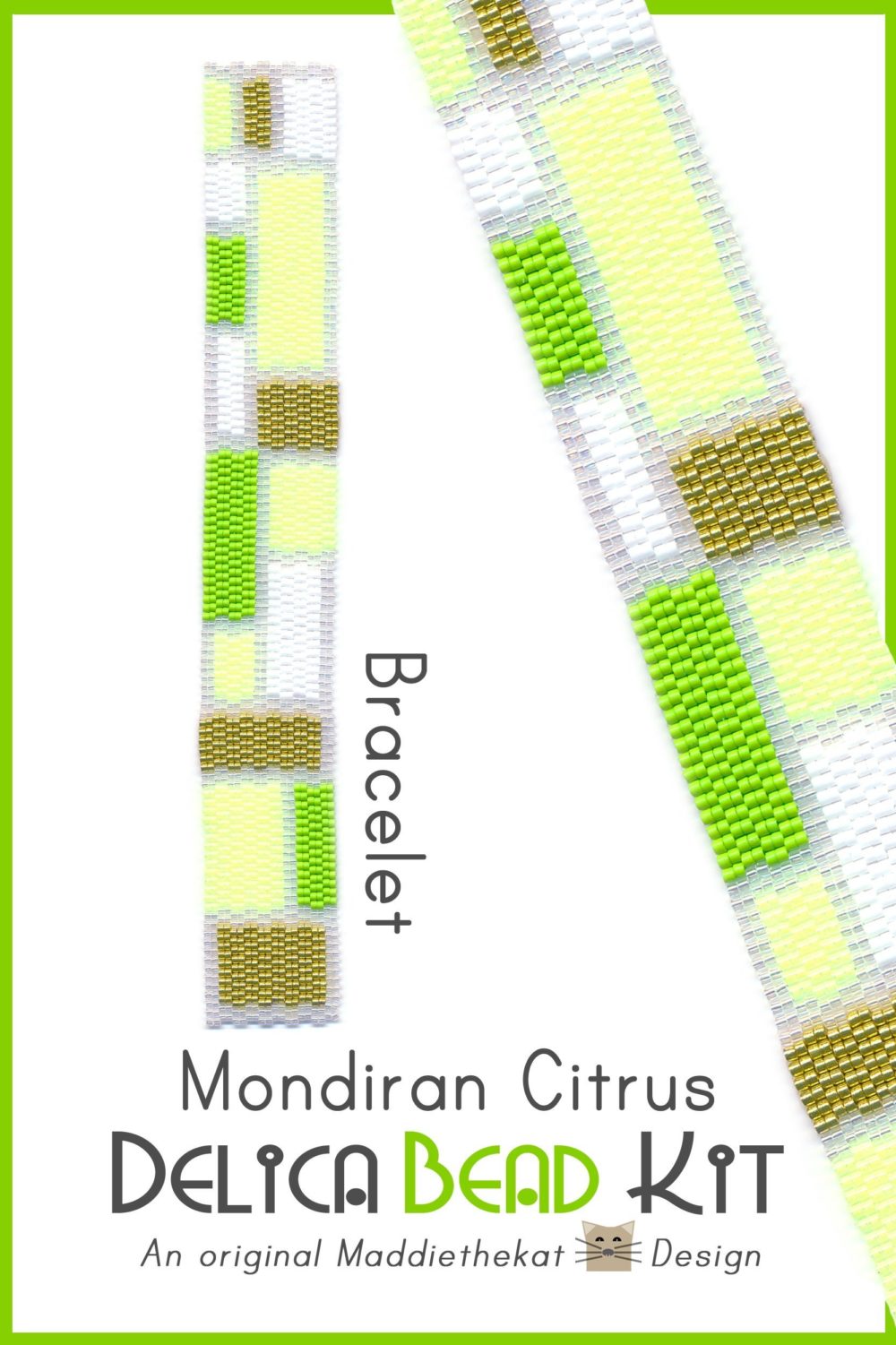 Mondrian Citrus Slim Bracelet 2-Drop Peyote Bead Pattern or Bead Kit