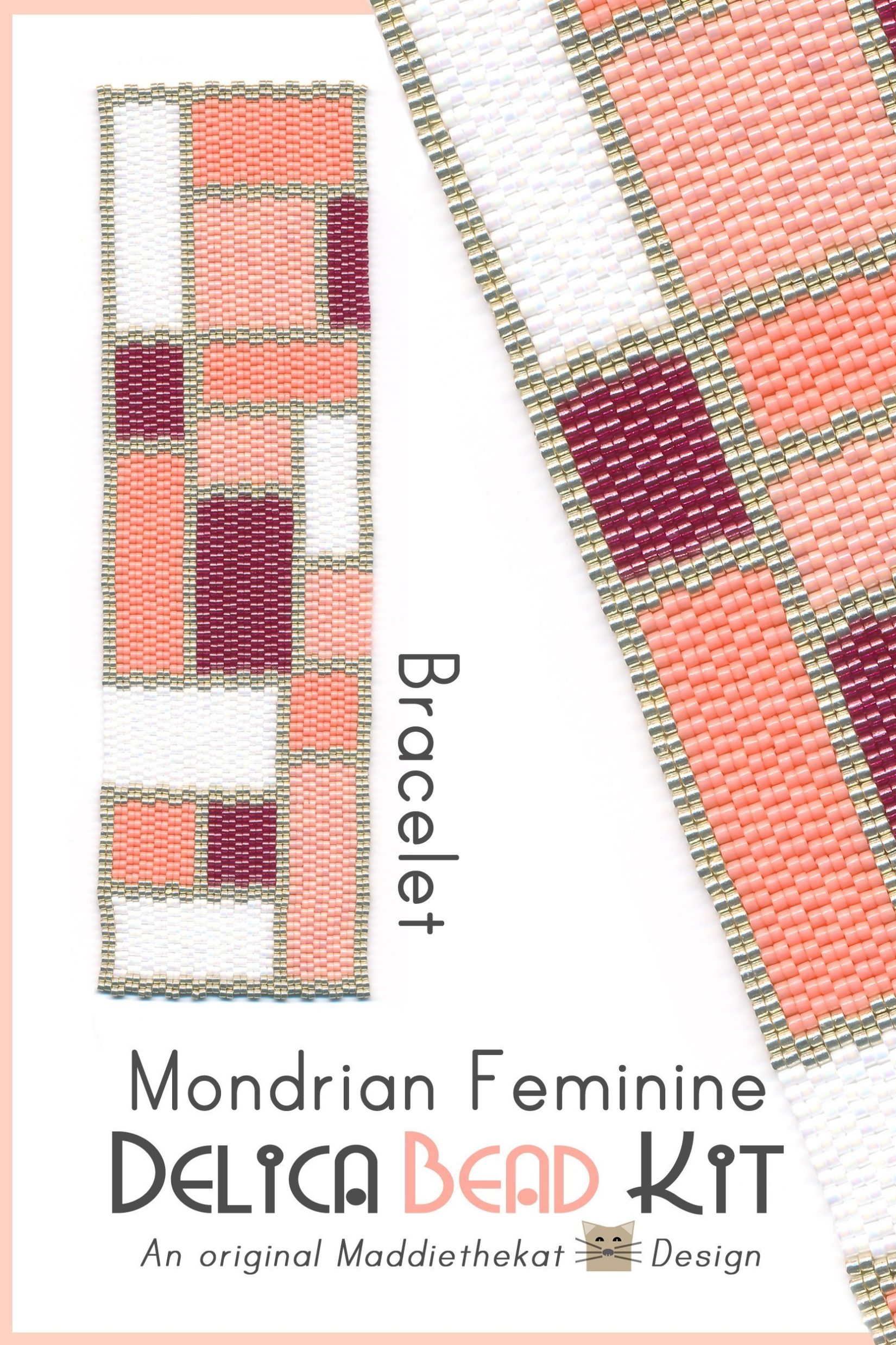 Mondrian Feminine Wide Cuff Bracelet 2-Drop Peyote Bead Pattern PDF