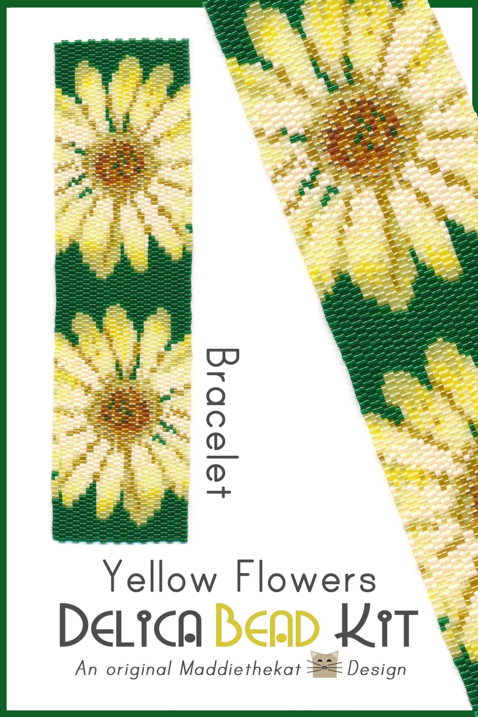 Yellow Flowers Wide Cuff Bracelet 2-Drop Peyote Bead Pattern PDF