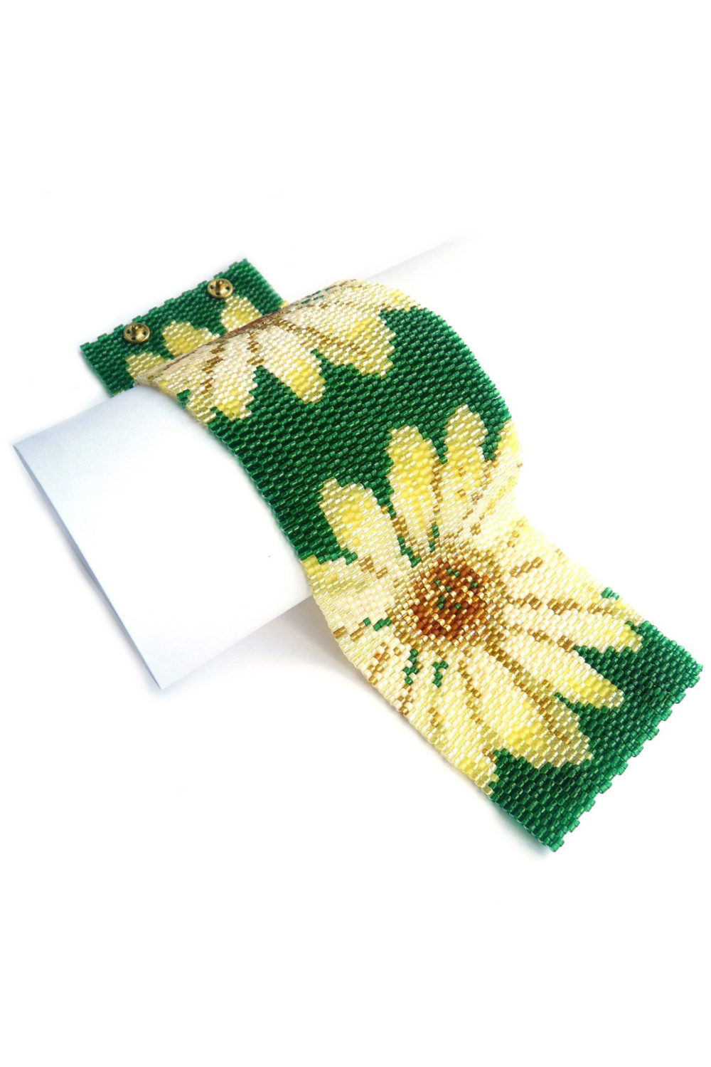 Yellow Flowers Wide Cuff Beaded Bracelet